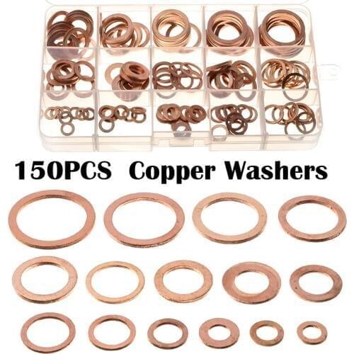 150pcs/Set 15Sizes Assorted Solid Copper Crush Washers Seal Flat Ring Gasket Kit Plug Washer M6/M8/M10/M12/M14/M16/M18/M20/M22