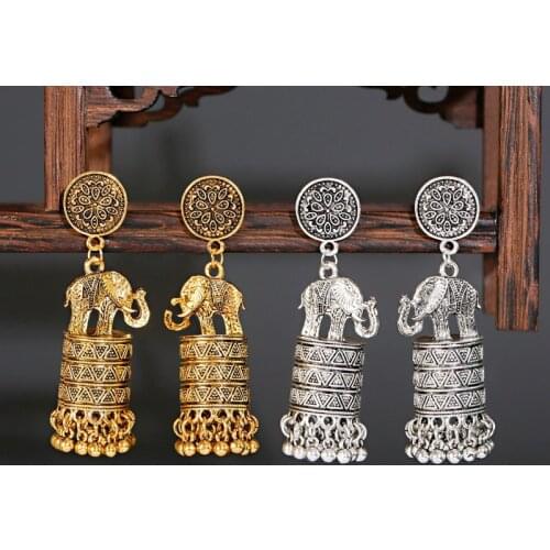 2021 Retro Ethnic Elephant Indian Dangler Earrings Women Barrel Shape Vintage Jewelry Gifts Wedding Party Gift