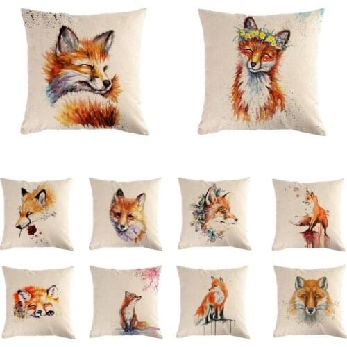 45x45cm Cushion Cover Cute Hand Drawn Fox Cat Printed Sofa Throw Pillow Vintage Home Decorative Pillow Case