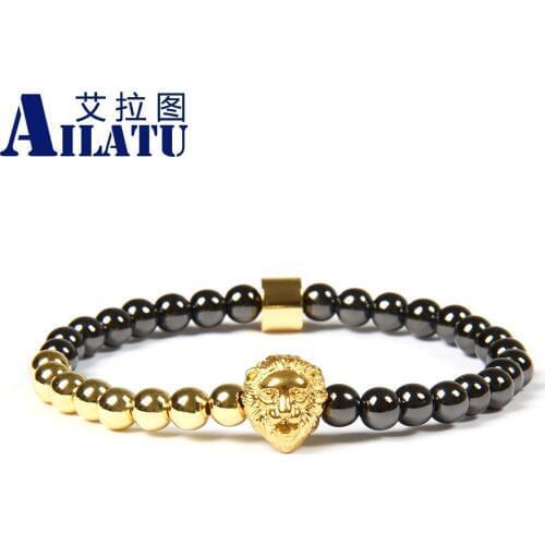 Ailatu Men Bracelet Stainless Steel Lion Head Beaded Bracelets with 6mm Brass Beads 10pcs/lot