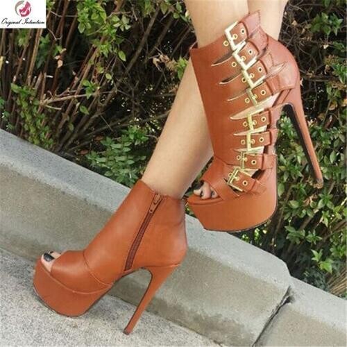 Original Intention Fashion High Platform Sandals Woman Brown Elegant Rome Style Buckles Stiletto High Heels Charm Sandals Female
