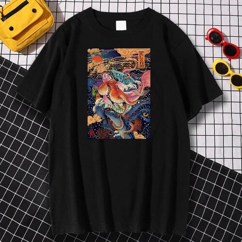 Oversized S-Xxxl Male T Shirts Spring Summer Tshirts Rlon Wang Japanese Ukiyoe Printing Tops Short Sleeved Fashion T-Shirts Men