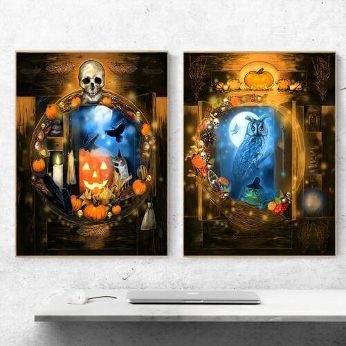 Halloween Art Skull Pumpkin Owl Painting Canvas Print Modern Wall Oil Poster Picture For Living Room Home Decor