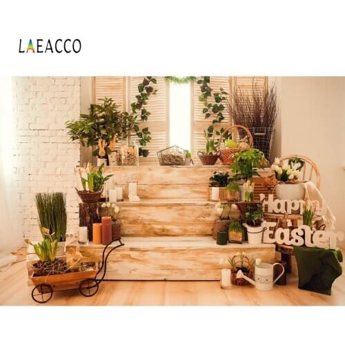 Laeacco Happy Easter Photozone Brick Wall Wood Door Stairs Grass Candle Photography Backdrops Photo Backgrounds For Photo Studio