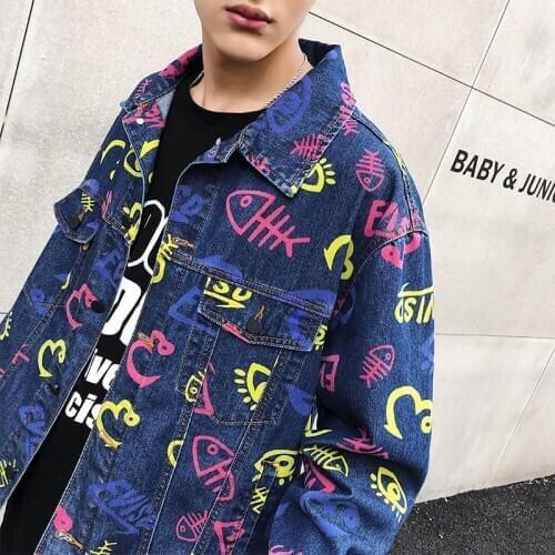 Mens Casual Denim Jacket Graphic Printed 2021 Spring New Hooded Coat Korean Streetwear Korean Male Blue Motorcycle Jackets