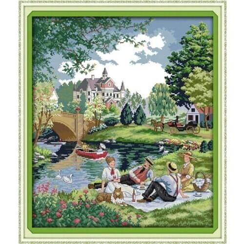 A picnic in the suburbs counted printed on the canvas 11CT 14CT DIY kit wholesale Cross Stitch embroidery needlework Sets