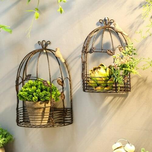 Pastoral Wrought Iron Birdcage Wall Hanging Flower Stand Outdoor Garden Ornaments Crafts Courtyard Villa Furnishngs Decoration