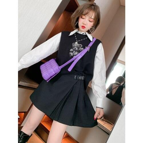 Casual color contrast Lapel shirt+Hot drill bear round neck knitted vest for women High Quality New Fashion