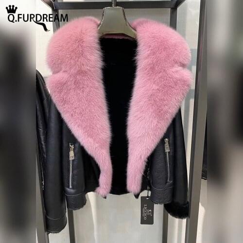 Q.FURDREAM 2021 New Woman Trendy Leather Jacket With Fox Fur Placket Autumn Winter Warm Turn-down Collar Elegance Clothing