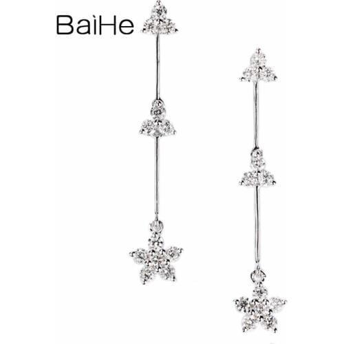 BAIHE Genuine Solid 14K White Gold 0.30ct H/SI Sparkling Diamond Earrings Wedding Trendy Fine Jewelry Flowers Women серьги
