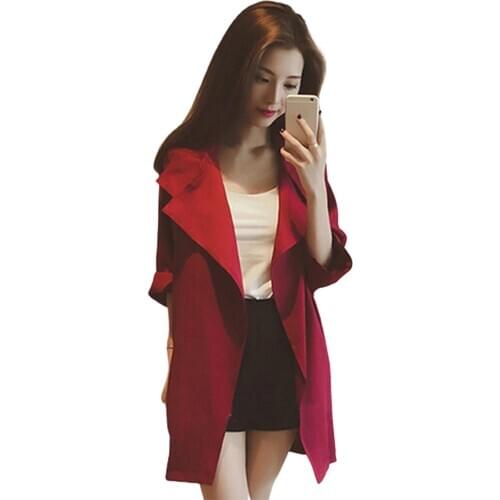 Spring Autumn Women Coats Loose Solid Color Large Lapel Three-quarter Sleeve Trench Coat Cardigan Casual Open Stitch Plus Size