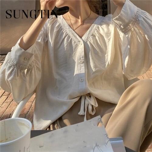 Sungtin Vintage V Neck Blouse Shirt Women Solid Shirt Oversized Sweet Loose Korean Chic Casual Single Breasted Tops New Spring