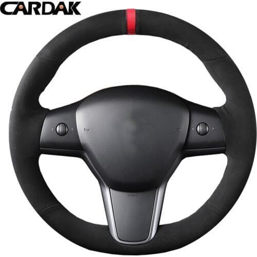 CARDAK Top Perforated Leather Black Suede Car Steering Wheel Cover For Tesla Model 3 2017 2018 2019 Hand-stitch on Wrap