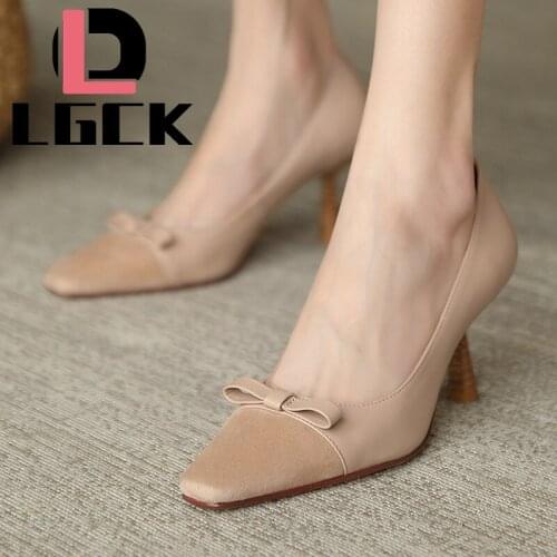 Women Party Prom Square Head Stilettos Pumps Spring Summer Basic Concise Pumps Cow Leather Joining Together Bowknot Shoes Woman