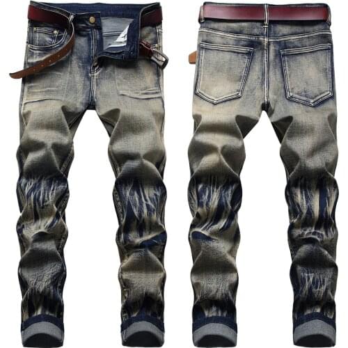 High quality men’s wrinkle&dirty retro style jeans slimming straight blue jeans elastic denim pants trendy casual jeans pants