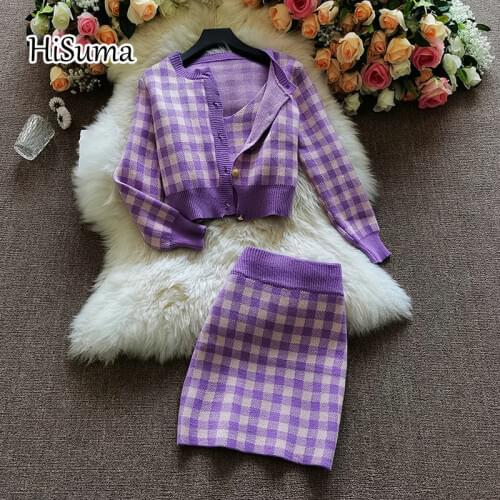 2020 autumn new Three PCS Sets womens plaid long sleeve fairy sweater + strap knitted vest + knit sheath skirt female suits