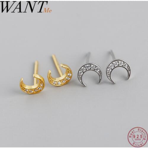 WANTME Fashion Korean Genuine 100% 925 Sterling Silver White Zircon Moon Small Stud Earrings for Women Mini Fine Party Jewelry