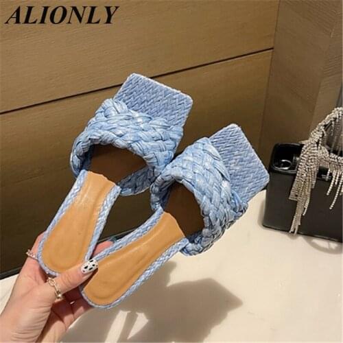 ALIONLY New Weave Square Toe Heels High Quality Slippers for Women 2021 Summer Gladiator Beach Sandal Slides Shoes