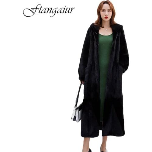 Ftangaiur 2021 Winter Import Purple Standard Velvet Mink Fur Coat Women With Fur Hood X-Long Slim Natural Real Mink Fur Coats