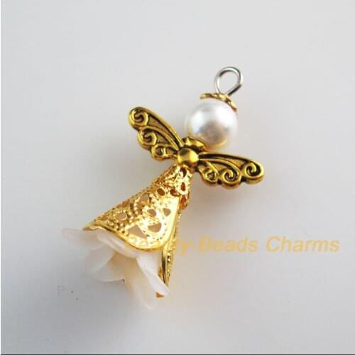 10 New Antiqued Gold Color Charms White Acrylic Angel Wings Pendants 22x37mm