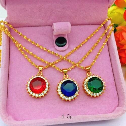 14K Gold Necklace for Womens Wedding Engagement Jewelry Yellow Gold Chain Necklace with Red Blue Green Stone Pendant Gemstone