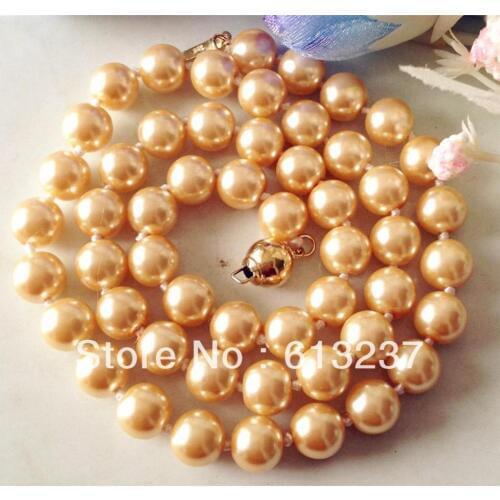 Free shipping 10mm yellow shell simulated-pearl round beads high grade chains necklace wholesale price jewelry 18inch MY4165