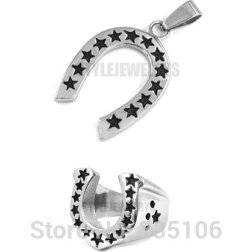 Free shipping! U-Shaped Horseshoe Ring and Pendant Stainless Steel Jewelry Classic Stars Motor Biker Jewelry Set SWR0028RP