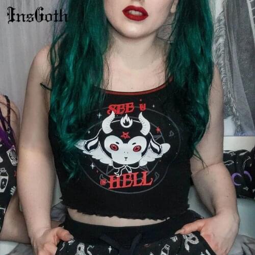 InsGoth Grunge Punk Black Tanks Goth Demon Print Bodycon Tank Tops Streetwear Punk O Neck Patchwork Cropped Top Y2K E Girl Tops
