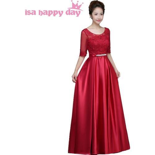Pretty modest bridesmaid satin dress sexy long women bridemaids occasional dresses red with lace sleeves under 100 H3769