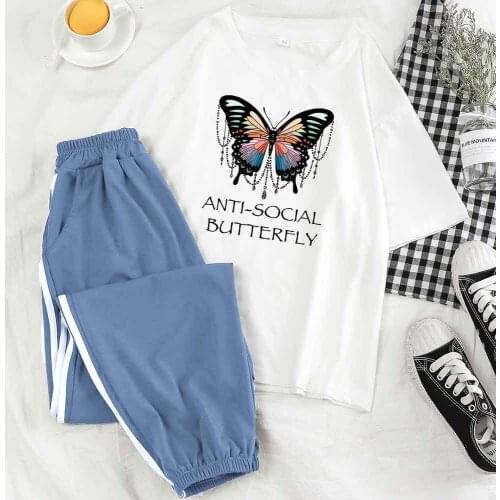 2 Piece Joggers Set White 2 Piece Set Women Pant Sets Long Pants Tracksuits Sweat Suit Butterfly T Shirt Top Short Sleeve Suit