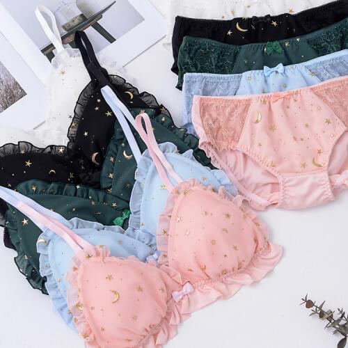 5 Colors Star Moon Cute Bra & Panties Set Ruffles Trim Wirefree Chiffon Soft Underwear Sleep Intimates Set Kawaii Lolita