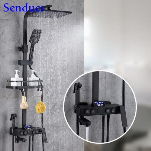 Matte Black Bath Shower Set Copper Brass Bathtub Mixer Faucet Spa Rainfall Shower Head Black Bronze Digital Bathroom Shower Set