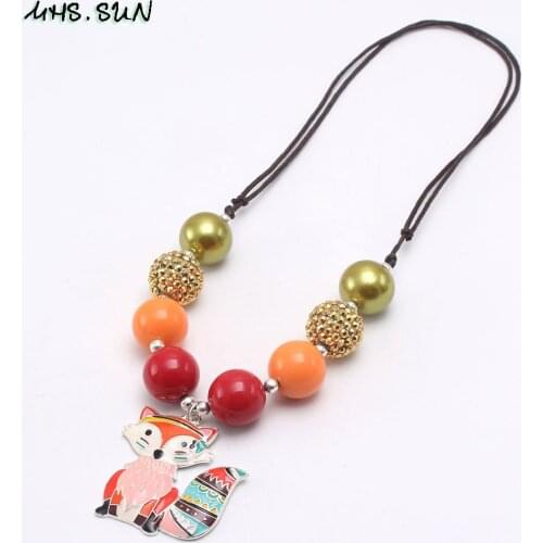 MHS.SUN kids cartoon animal fox pendant necklace baby fashion chunky bubblegum beaded necklace adjust rope diy jewelry for girls