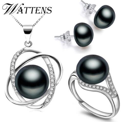 WATTENS Fashion White Black Freshwater Natural Pearl Jewelry Sets,pearl necklace Pendants & Rings & Earrings For Women gift