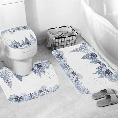 3PCS Durable Bath Mat Set Soft Absorbent Floor Rug Christmas Trees Print Toilet Lid Cover Festival Household Decoration Supplies