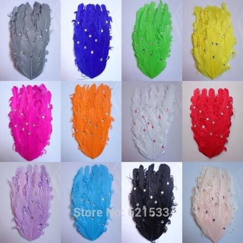 New!12Pcs/Lot 10-15cm/4-6inches Rhinestone Multicolor Nagorie Curled Goose Feather Pad for Headbands Fascinators Handmake Crafts