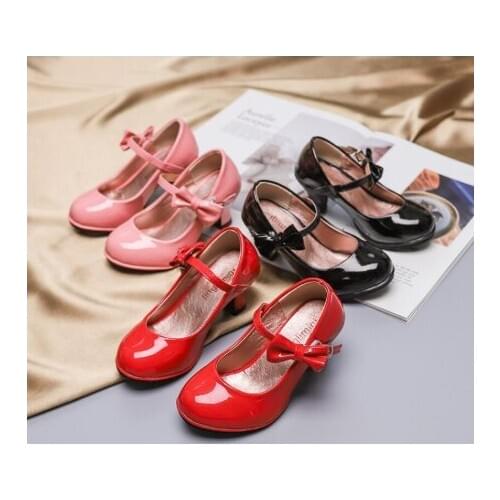 New hot sale princess leather dance shoes girls party bow shoes shiny Solid Red color high-heeled fashion shoes for kids