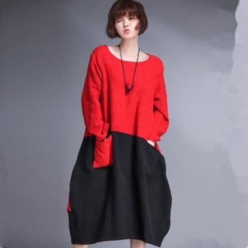 Plus size dress 2020 Spring Summer women long sleeve cotton linen dress,black red patchwork Asymmetric dress M 5XL 6XL Vestidos