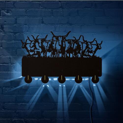 Wildlife Bison Modern Entryway Organizer Lighting Wall Decor Multi Colors LED Sign Buffaloes Natural Wood Key Holder for Wall