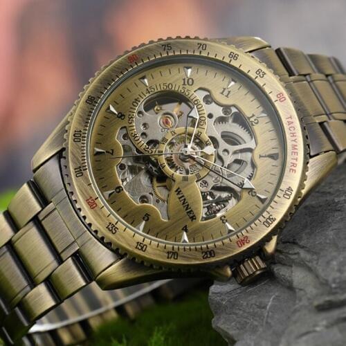 T-winner Fashion Vintage Retro Automatic Movement Skeleton Mens Wrist Watch Vogue Stainless Steel Man Watches relogio masculino