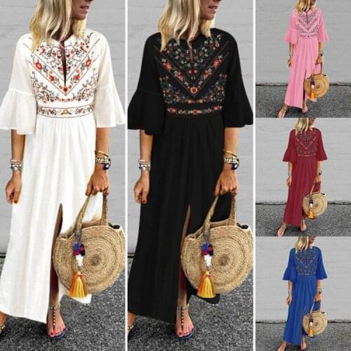 Heat add size dress women ethnic flash sleeve round collar floral print split A-line long skirt ethnic flash sleeve print dress