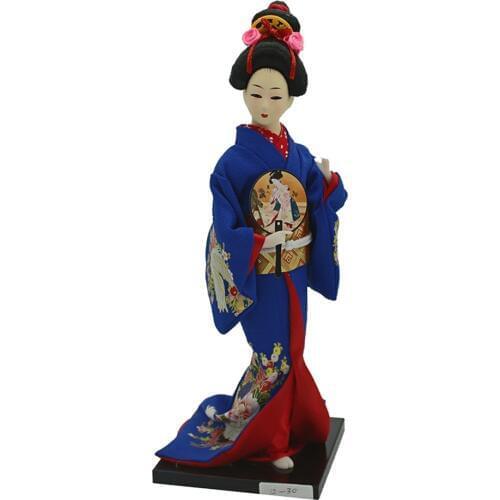 Traditional Japanese Standing Geisha Doll Model Decor Wearing Dark Blue Clothes & Fan