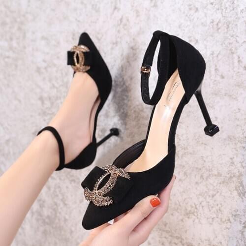 2020 French new fashion drill bow heels black button-up cat heels