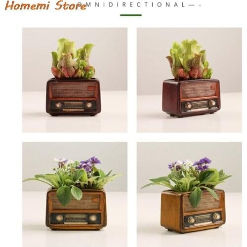 Retro TV Set Design Creativity Flower Pot Radio Design Resin Potted Vintage Cabinet Garden Small Potted Plants