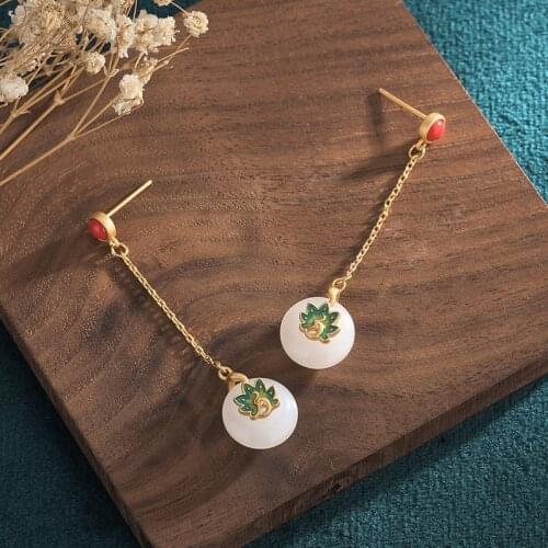 Vintage Women Earrings White Chalcedony Enamel Cloisonne Elegant Round Pendant Stud Earrings Luxury Lucky Gift