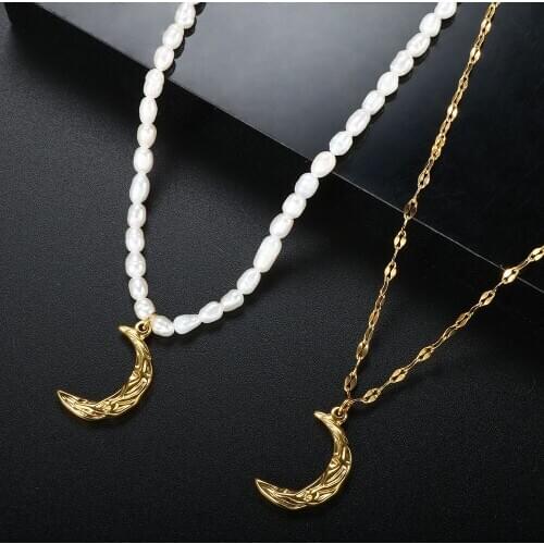 ZMFashion Pearl Necklace Crescent Moon Pendant Women Chain Stainless Steel Luxury Aesthetic Choker Jewelry Party Gifts Bijoux