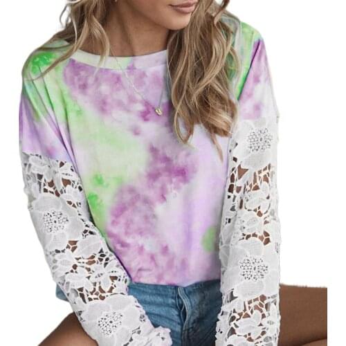 Women Round Collar T-shirt, Tie Dye Lace Splicing Tops, Long Sleeve Casual Loose Pullover
