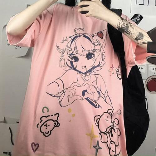 Anime T-shirt Women 2021 Bear Print Harajuku Tops Mujer Summer Alt Clothes Aesthetic Fashion Streetwear MINGLIUSILI Tee Shirt