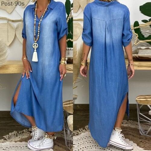 Summer Womens Casual Denim Dress Cowboy Jeans Long Dresses Short Sleeve Fashion V-Neck Ankle Length Dress Cowbo Maxi Dress