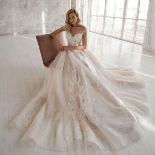 Thinyfull Elegant Sheer Scoop Neck Wedding Dresses A Line Cap Sleeve Bridal Gown Lace Appliques Vestido De Novia